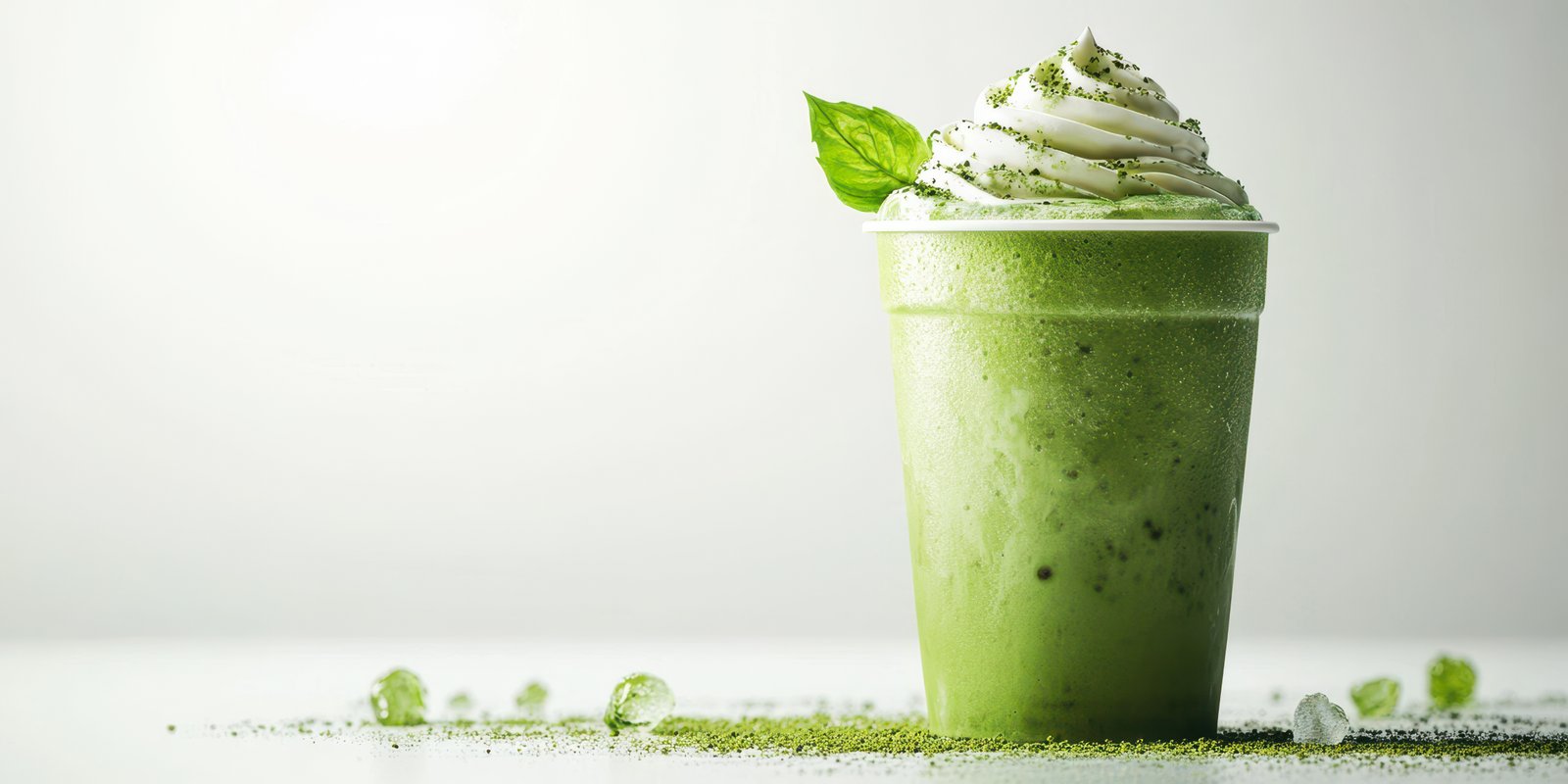Refreshing green matcha beverage topped with whipped cream and mint leaves sits elegantly on a clean surface